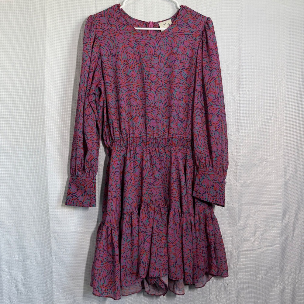 Lili Sidonio Mini Dress Pink Purple Abstract Tiered Long Sleeve Arty Urban Pop M